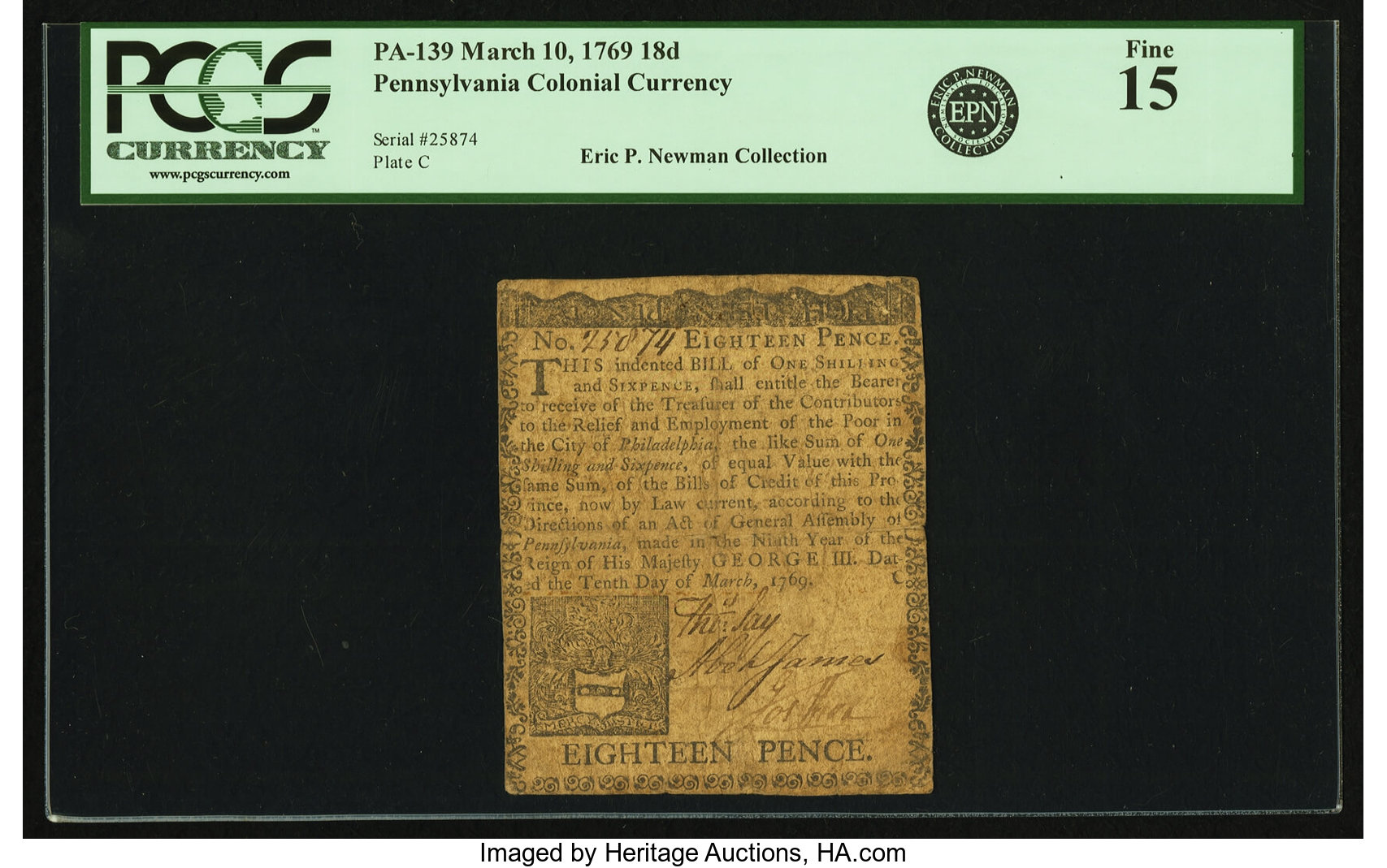 image for: Pennsylvania March 10, 1769 18 Pence Fr. PA-139. PCGS Fine 15....