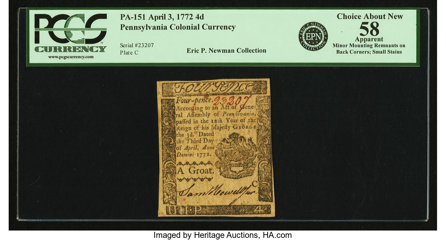image for: Pennsylvania April 3, 1772 4 Pence Fr. PA-151. PCGS Choice About New 58 Apparent....