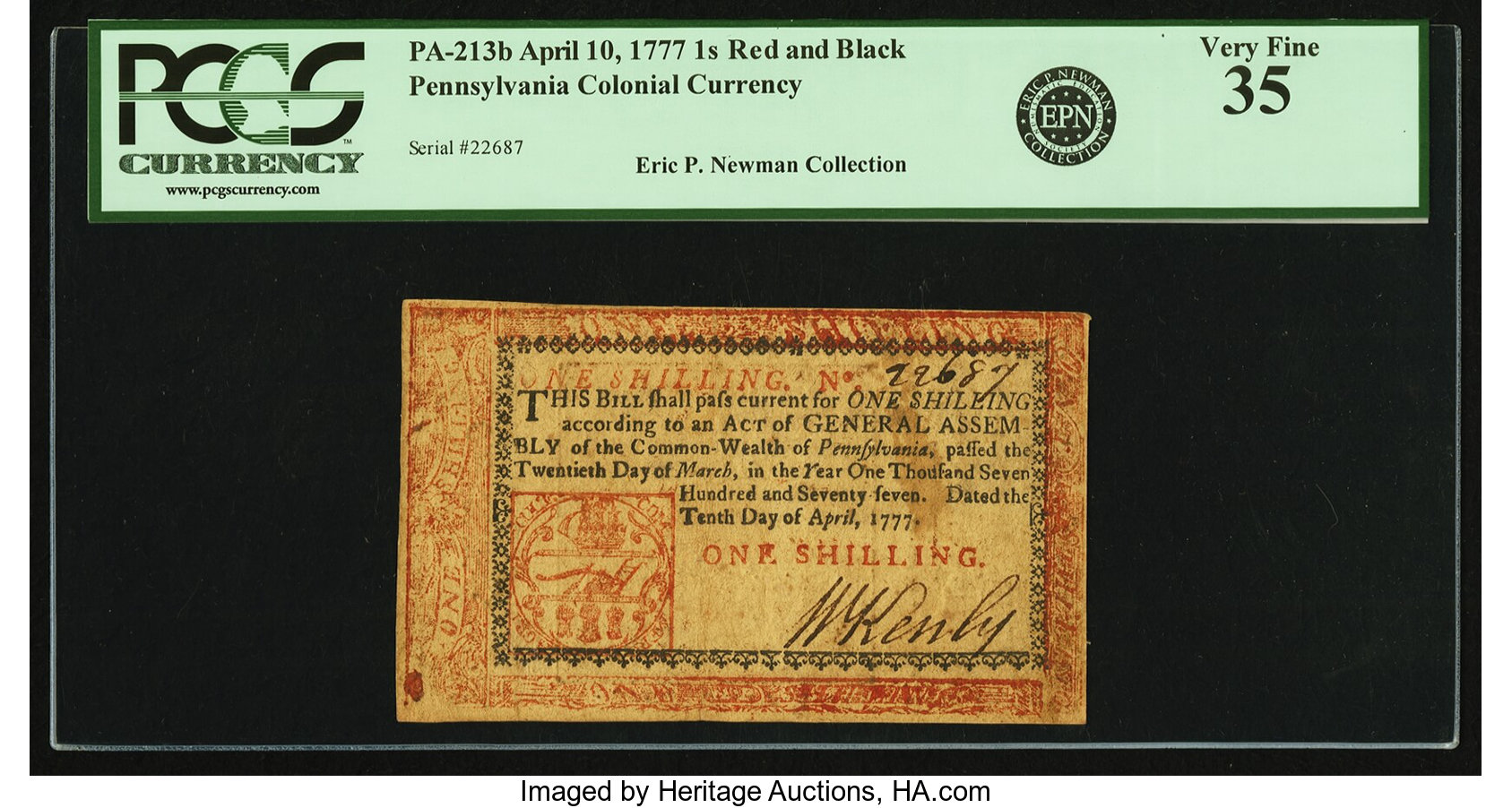 image for: Pennsylvania April 10, 1777 1 Shilling Red and Black Fr. PA-213b. PCGS Very Fine 35....