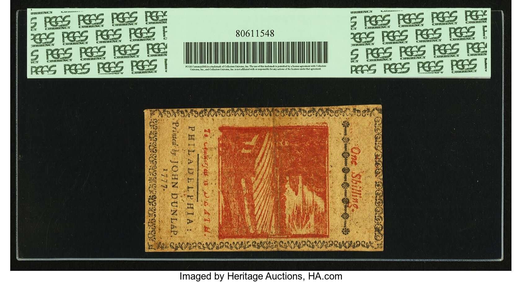 image for: Pennsylvania April 10, 1777 1 Shilling Red and Black Fr. PA-213b. PCGS Very Fine 35....