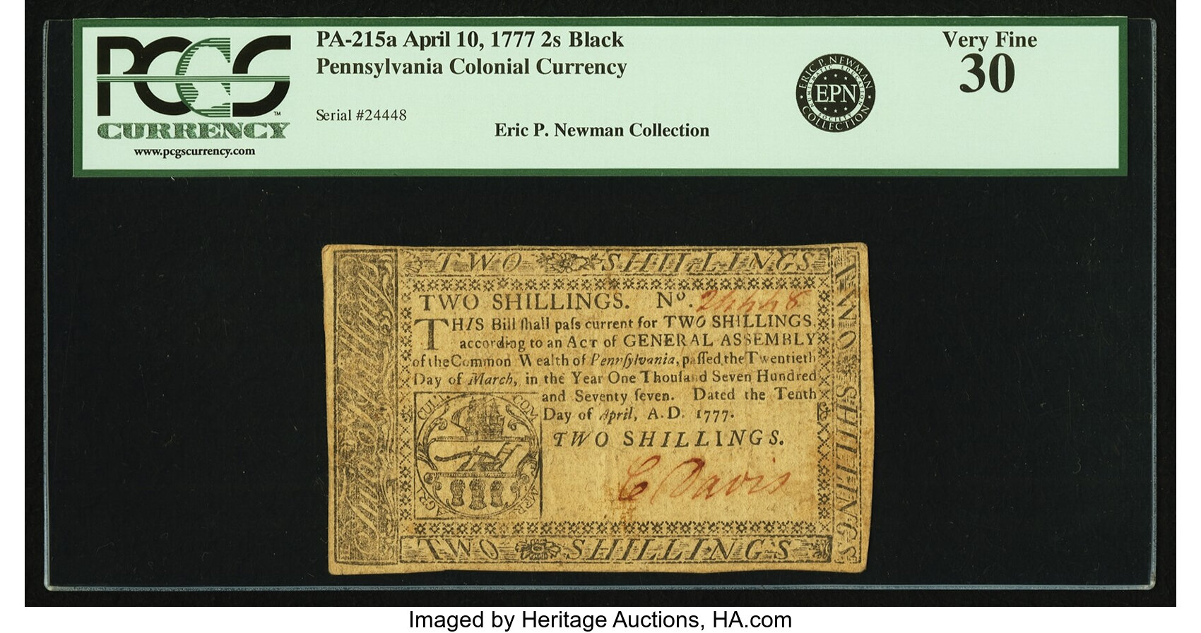 image for: Pennsylvania April 10, 1777 2 Shillings Black Fr. PA-215a. PCGS Very Fine 30....