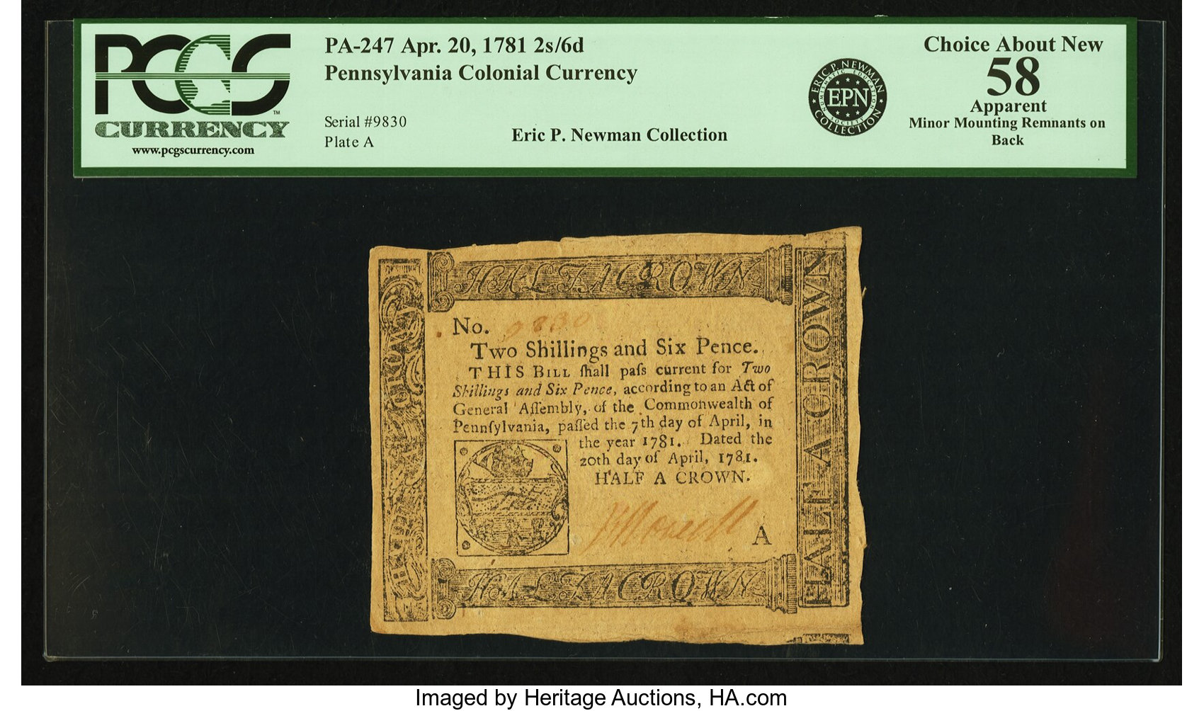 image for: Pennsylvania April 20, 1781 2 Shillings 6 Pence Fr. PA-247. PCGS Choice About New 58 Apparent....