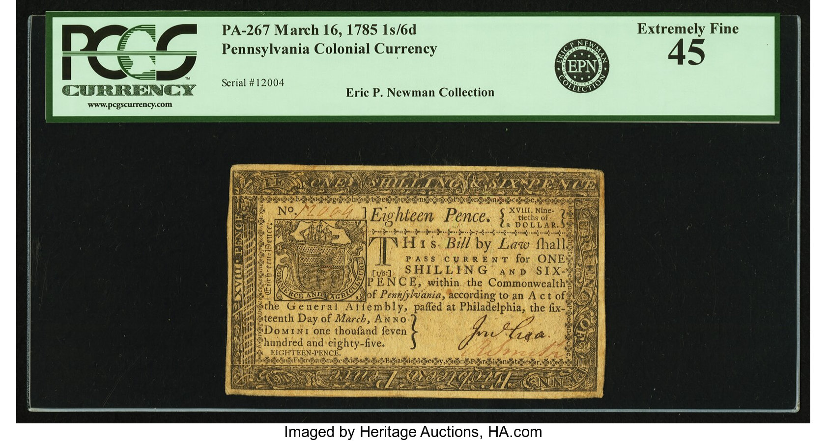 image for: Pennsylvania March 16, 1785 1 Shilling 6 Pence Fr. PA-267. PCGS Extremely Fine 45....