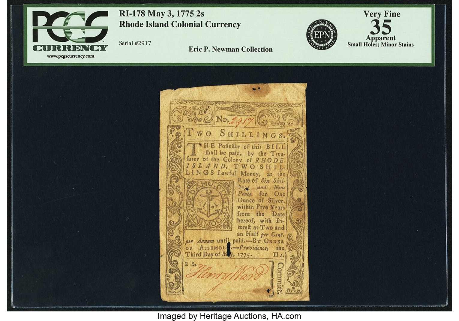 image for: Rhode Island May 3, 1775 2 Shillings Fr. RI-178. PCGS Very Fine 35 Apparent....