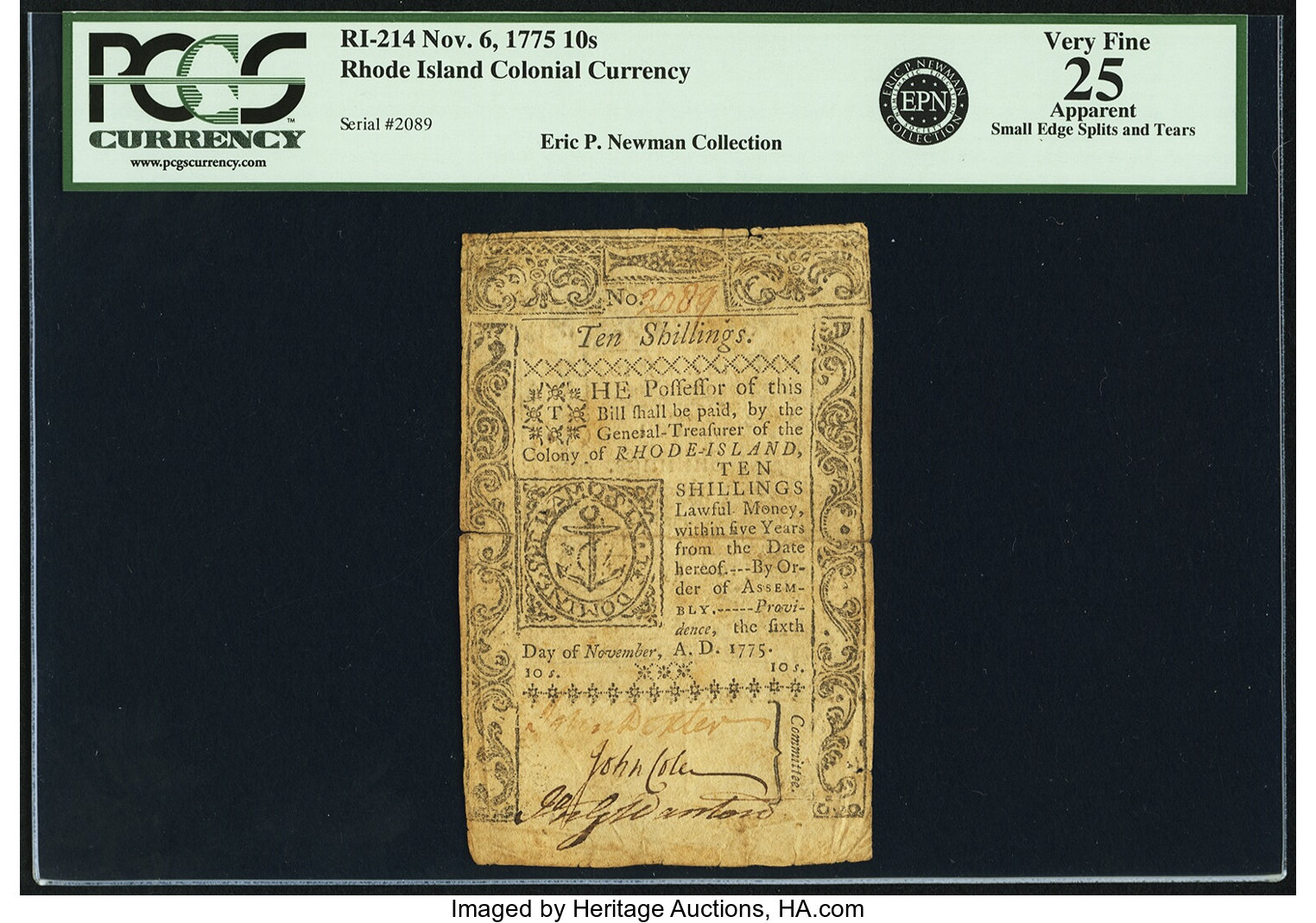 image for: Rhode Island November 6, 1775 10 Shillings Fr. RI-214. PCGS Very Fine 25 Apparent....
