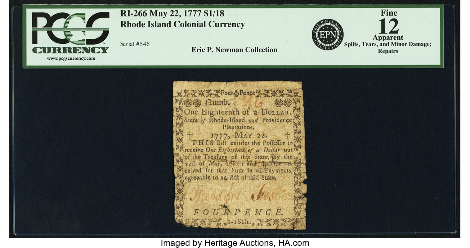 image for: Rhode Island May 22, 1777 $1/18 Fr. RI-266. PCGS Fine 12 Apparent....