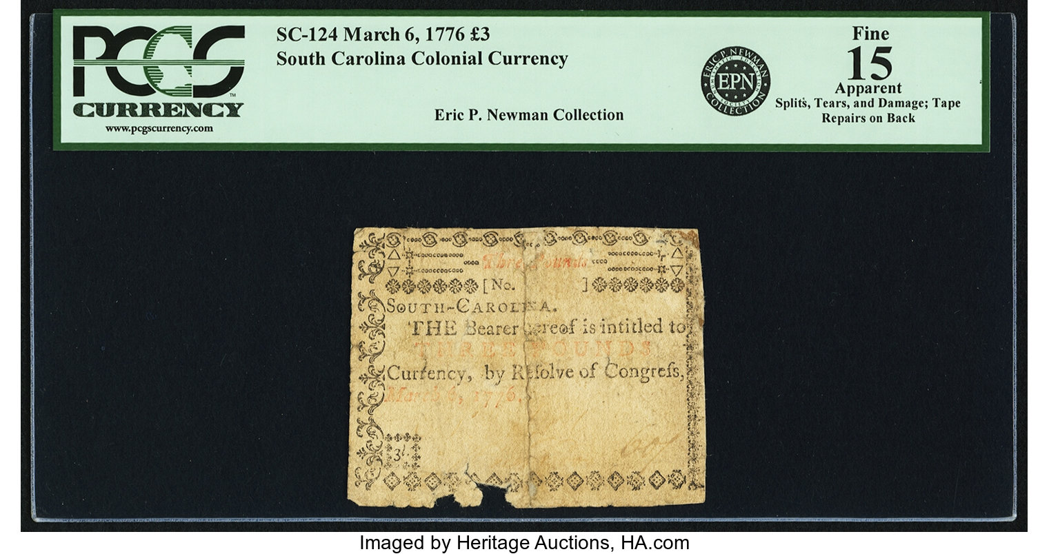 image for: South Carolina March 6, 1776 3 Pounds Fr. SC-124. PCGS Fine 15 Apparent....
