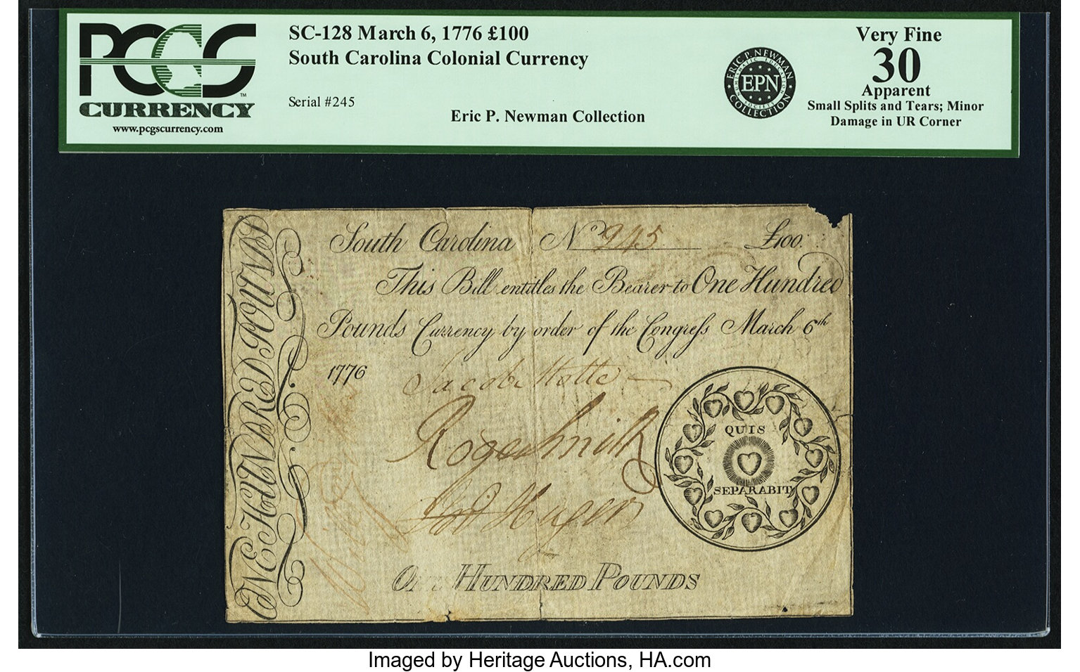 image for: South Carolina March 6, 1776 100 Pounds Fr. SC-128. PCGS Very Fine 30 Apparent....