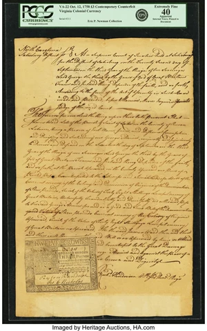image for: Virginia October 12, 1758 3 Pounds Contemporary Counterfeit Pinned to Period Docketed Document Fr. VA-22. PCGS Extremely Fine ...