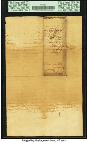 image for: Virginia October 12, 1758 3 Pounds Contemporary Counterfeit Pinned to Period Docketed Document Fr. VA-22. PCGS Extremely Fine ...