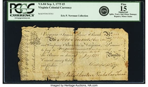 image for: Virginia September 1, 1775 5 Pounds Fr. VA-84. PCGS Fine 15 Apparent....