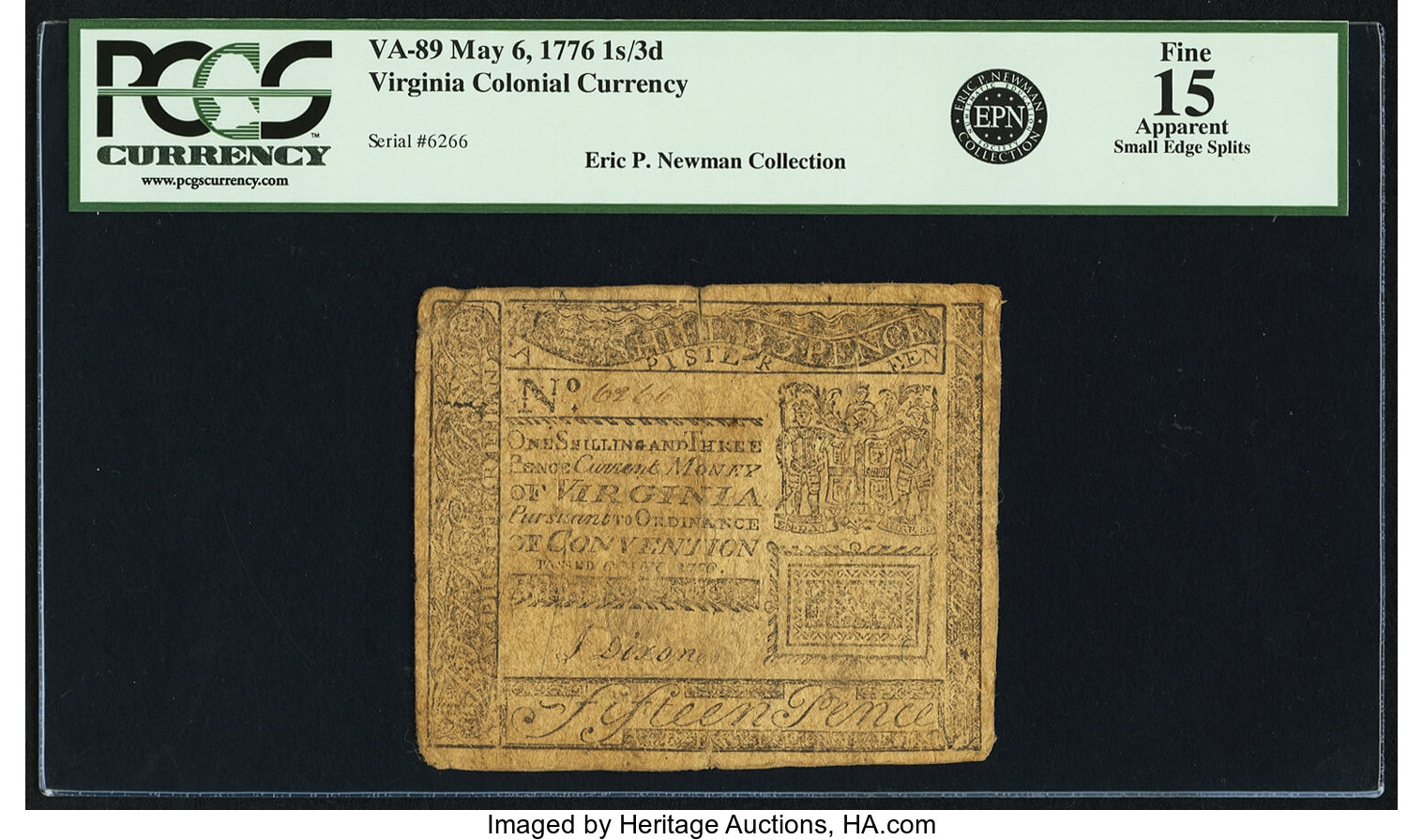image for: Virginia May 6, 1776 1 Shilling 3 Pence Fr. VA-89. PCGS Fine 15 Apparent....