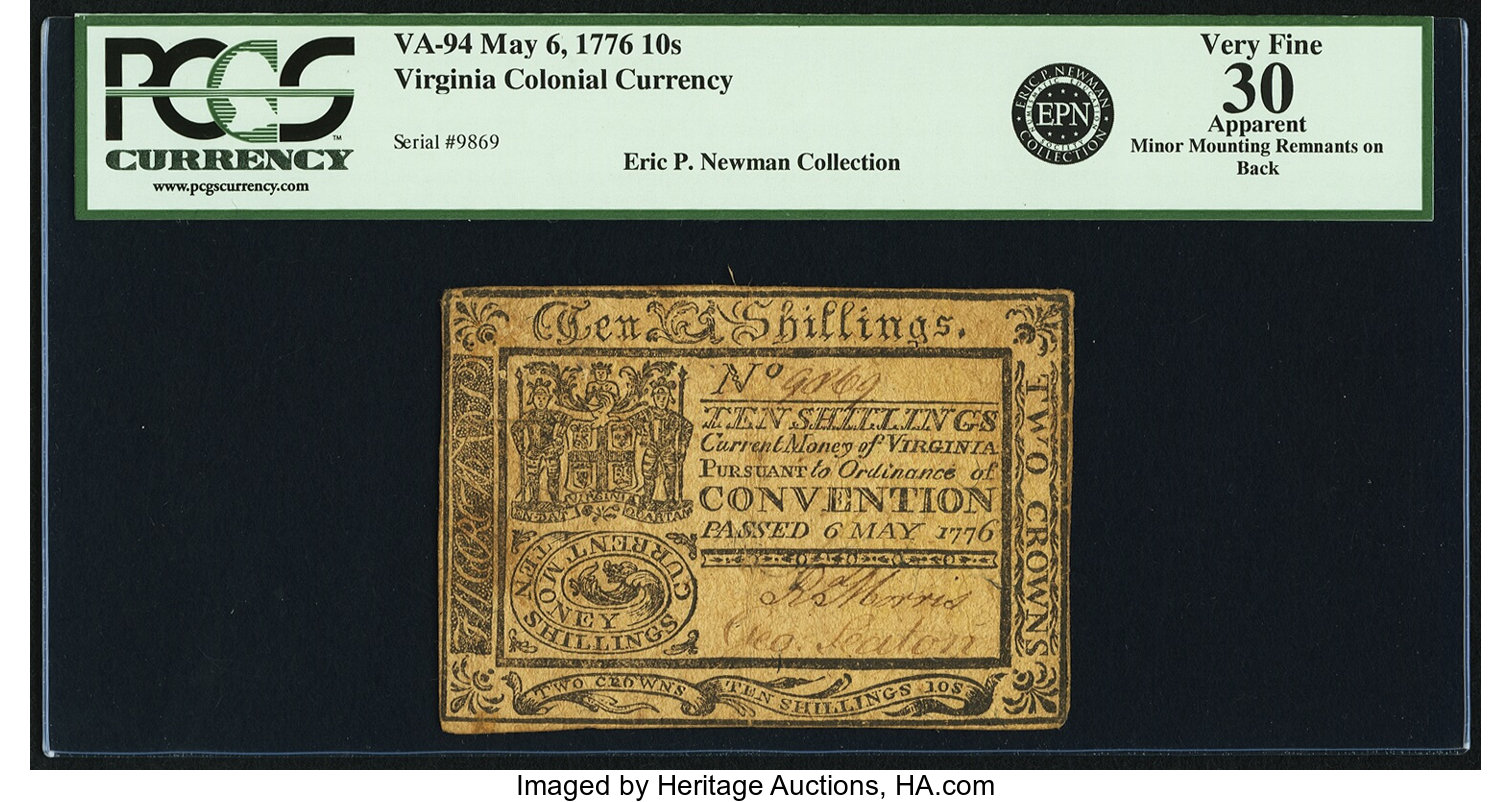 image for: Virginia May 6, 1776 10 Shillings Fr. VA-94. PCGS Very Fine 30 Apparent....