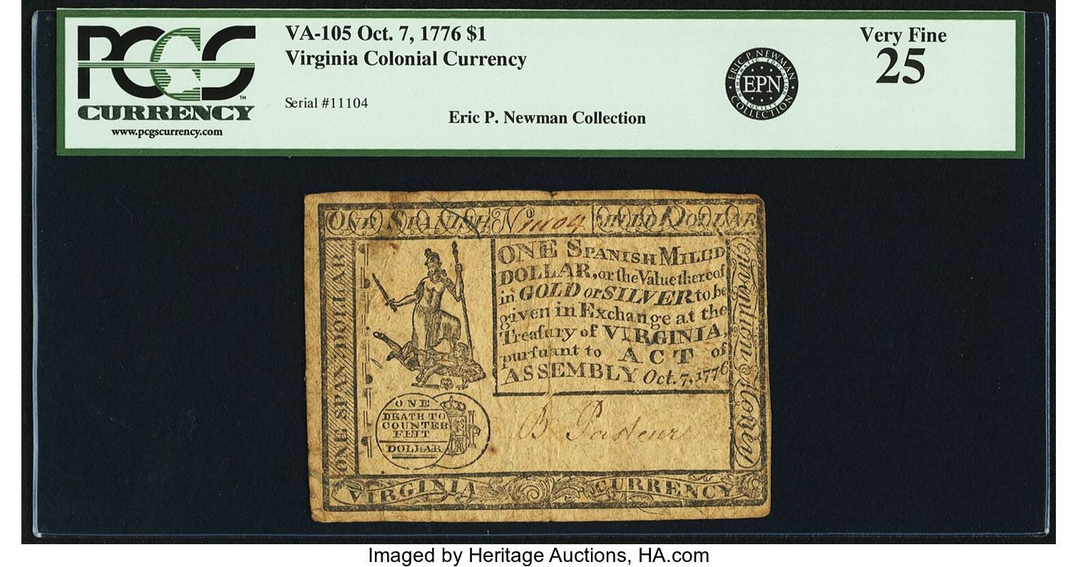image for: Virginia October 7, 1776 $1 Fr. VA-105. PCGS Very Fine 25....