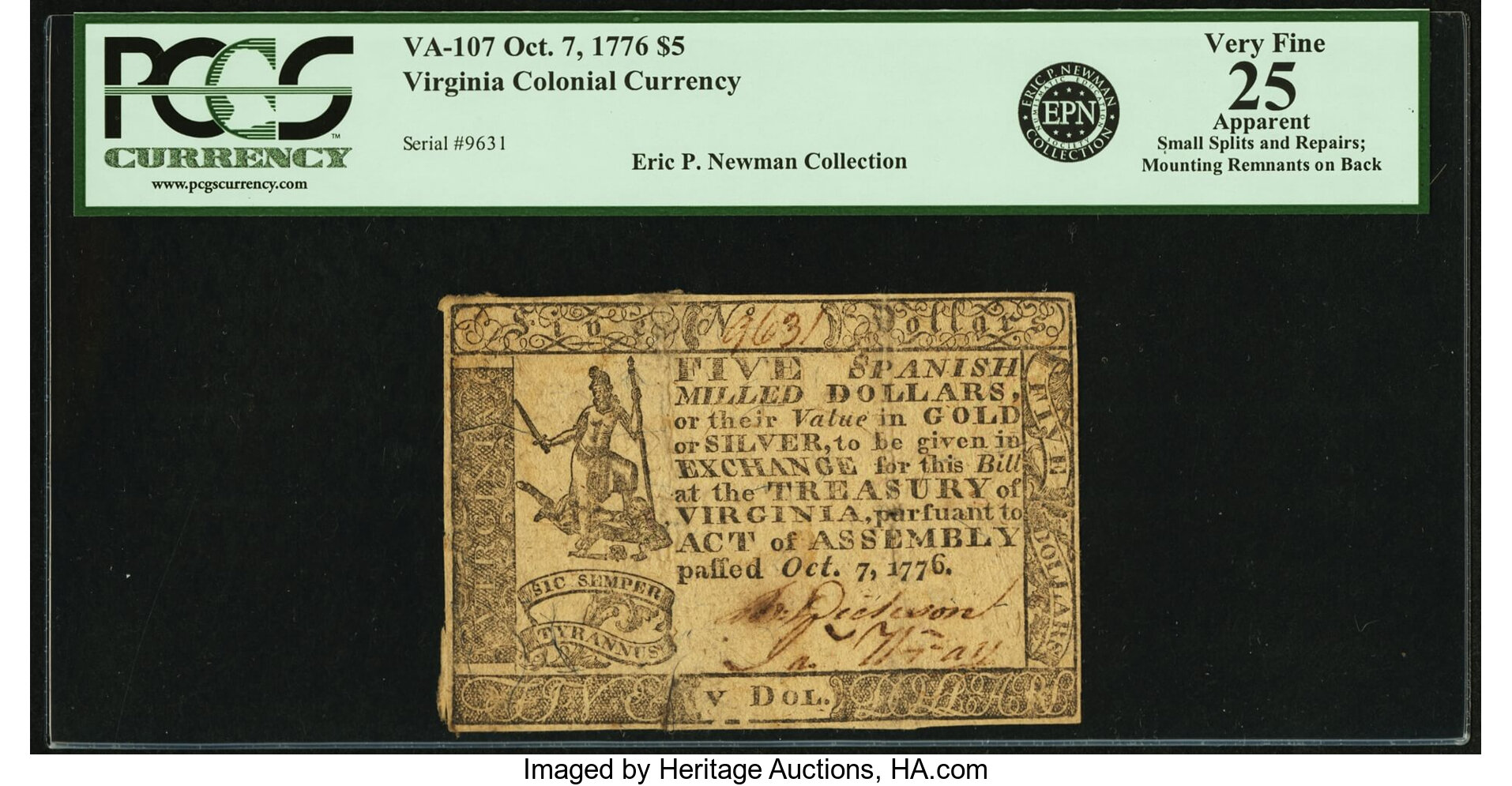 image for: Virginia October 7, 1776 $5 Fr. VA-107. PCGS Very Fine 25 Apparent....