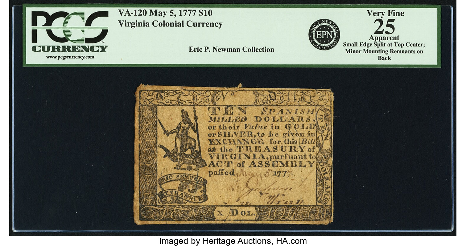 image for: Virginia May 5, 1777 $10 Fr. VA-120. PCGS Very Fine 25 Apparent....