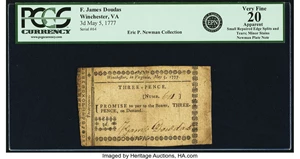 image for: Winchester, in Virginia - F. James Doudas "I promise to pay to the Bearer" May 5, 1777 3 Pence Newman page 448, Jones & Little...
