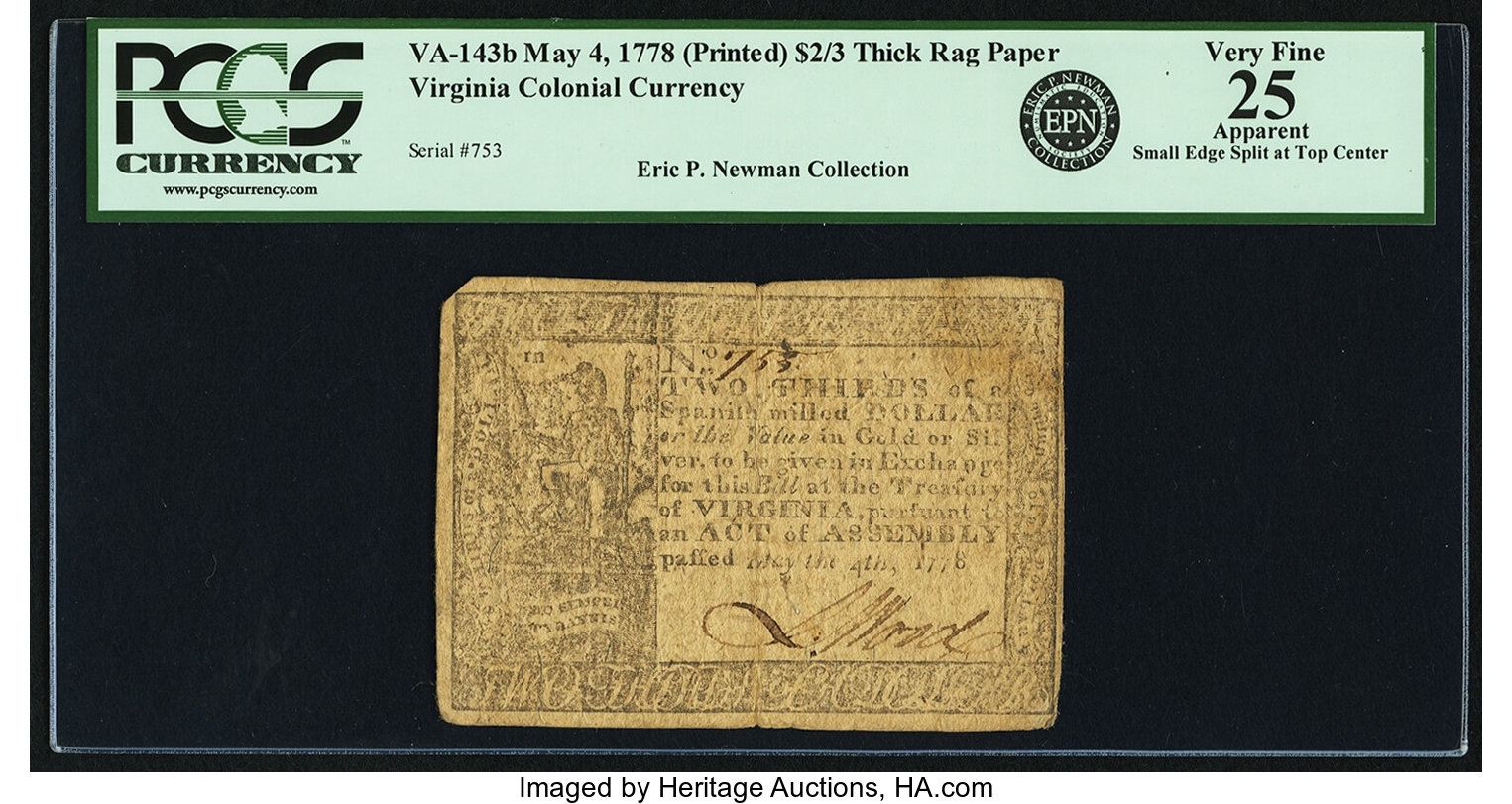 image for: Virginia May 4, 1778 Printed Date $2/3 Thick Paper Fr. VA-143b. PCGS Very Fine 25 Apparent....