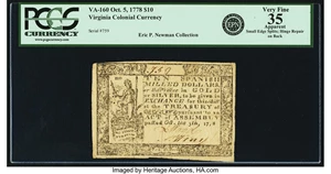 image for: Virginia October 5, 1778 $10 Fr. VA-160. PCGS Very Fine 35 Apparent....