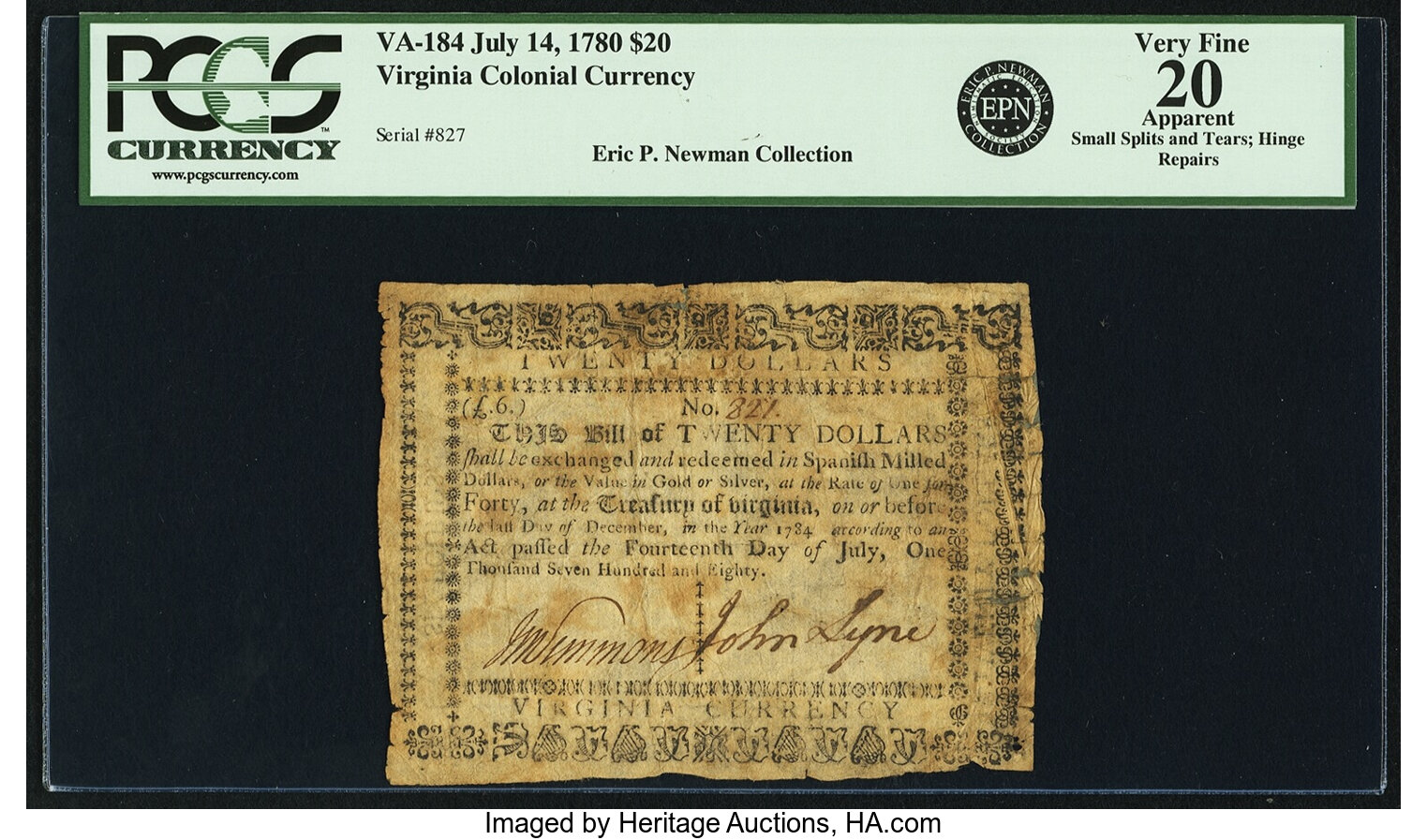 image for: Virginia July 14, 1780 $20 Fr. VA-184. PCGS Very Fine 20 Apparent....