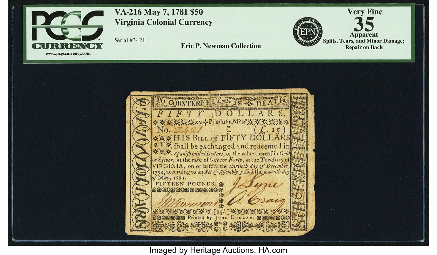 image for: Virginia May 7, 1781 $50 Fr. VA-216. PCGS Very Fine 35 Apparent....