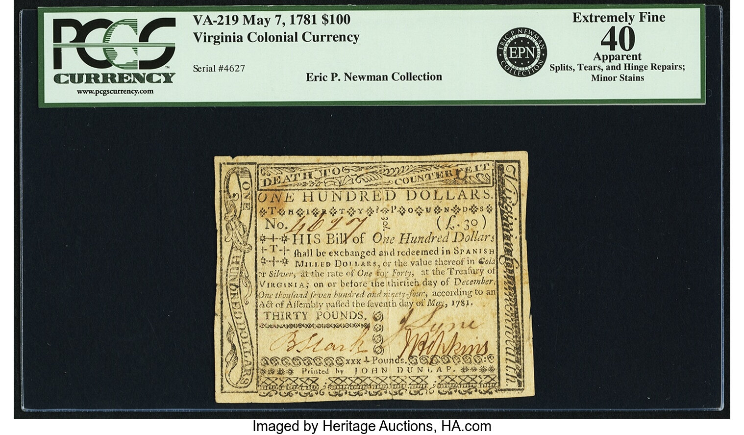 image for: Virginia May 7, 1781 $100 Fr. VA-219. PCGS Extremely Fine 30 Apparent....