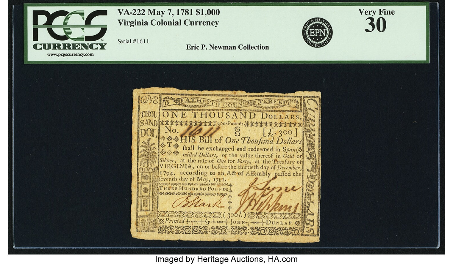 image for: Virginia May 7, 1781 $1000 Fr. VA-222. PCGS Very Fine 30....