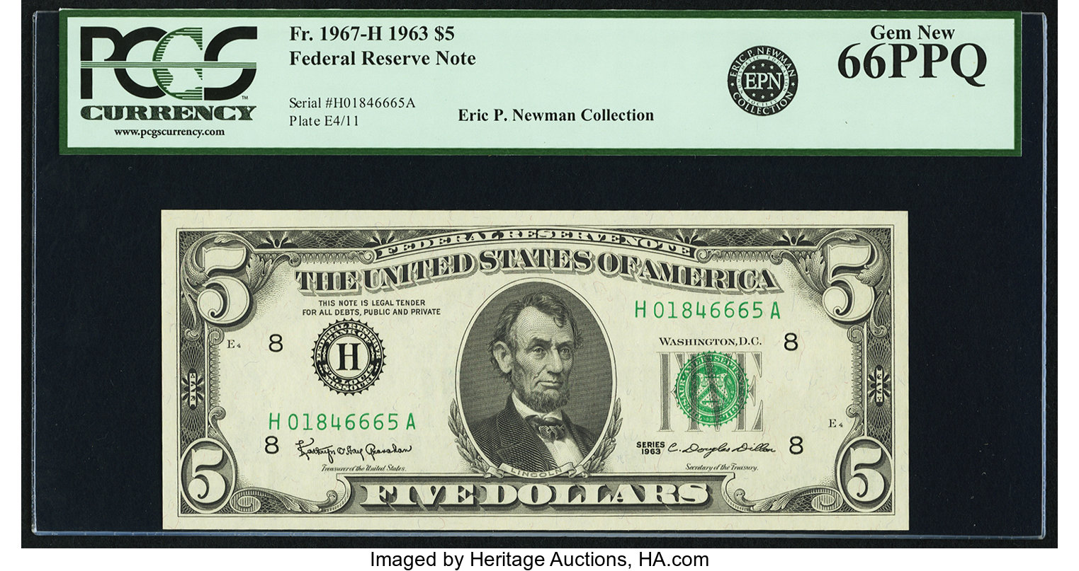 image for: Fr. 1967-H $5 1963 Federal Reserve Note. PCGS Gem New 66PPQ....