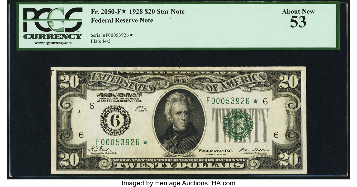 image for: Fr. 2050-F* $20 1928 Federal Reserve Note. PCGS About New 53....