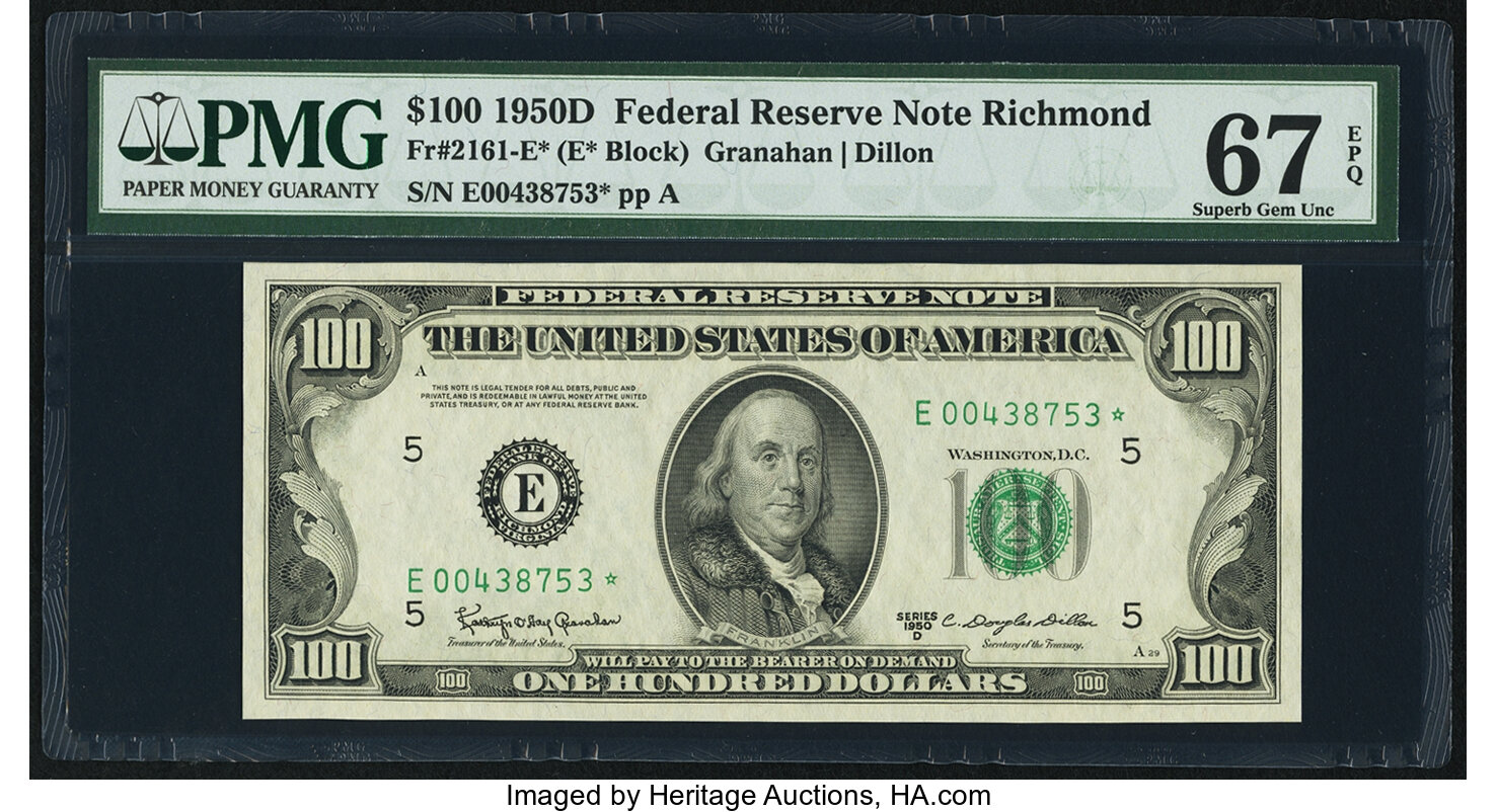 image for: Fr. 2161-E* $100 1950D Federal Reserve Note. PMG Superb Gem Unc 67 EPQ....