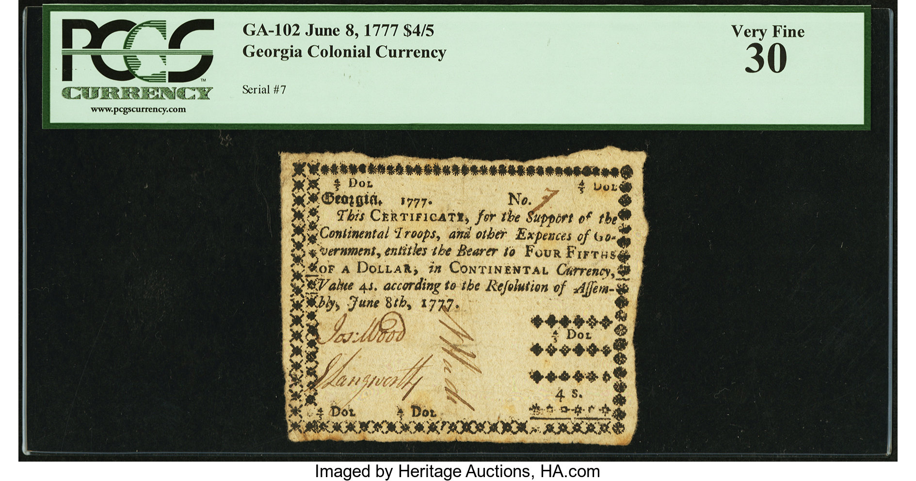 image for: Georgia June 8, 1777 $4/5 PCGS Very Fine 30....