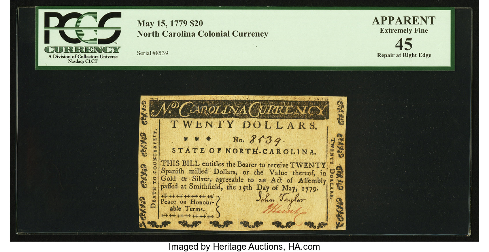 image for: North Carolina May 15, 1779 $20 Peace on Honorable Terms PCGS Apparent Extremely Fine 45....