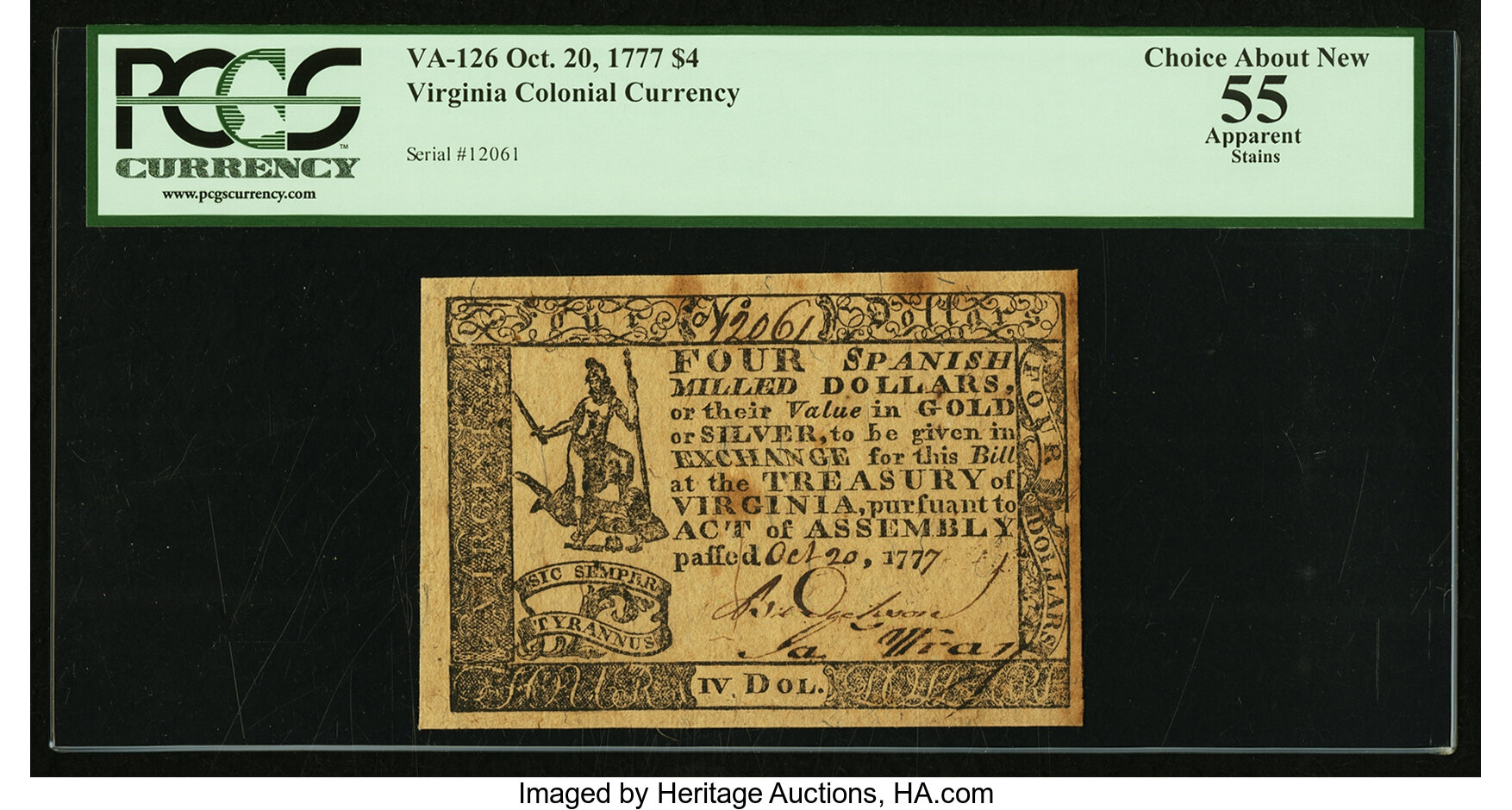 image for: Virginia October 20, 1777 $4 PCGS Apparent Choice About New 55....