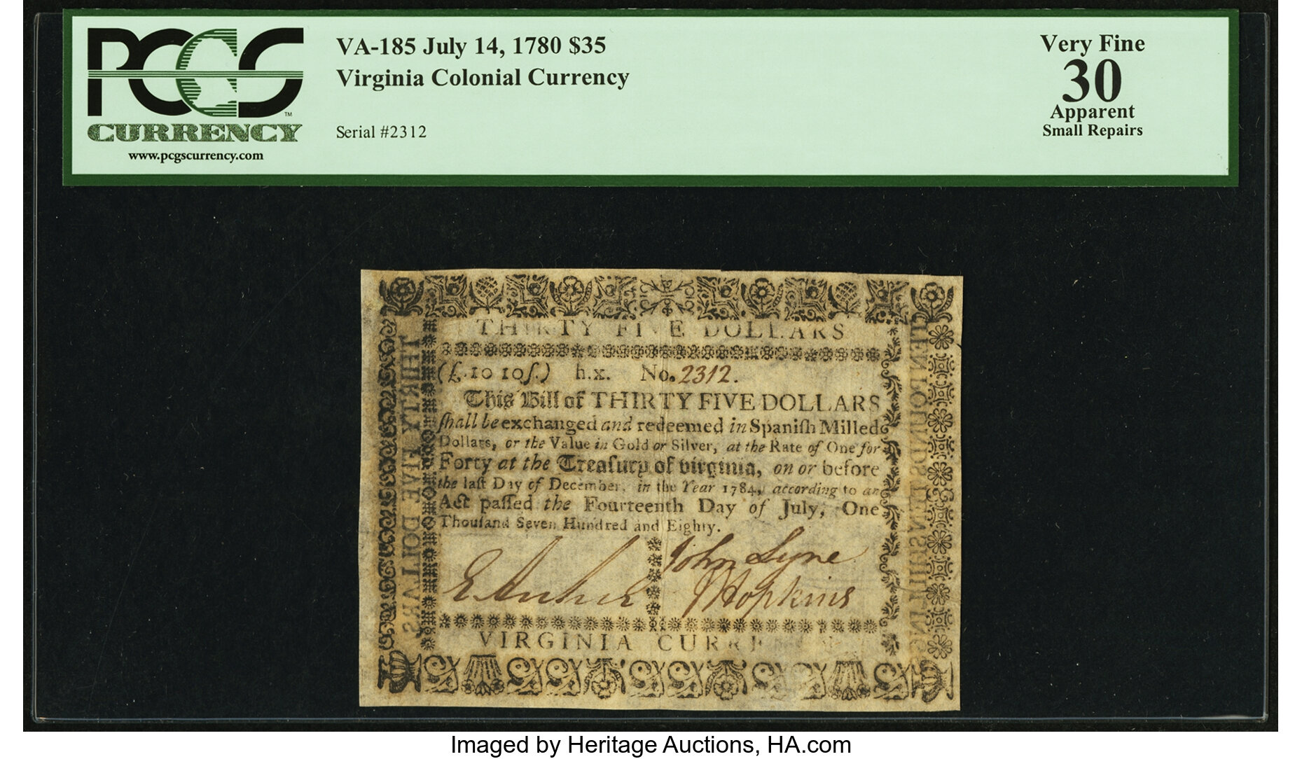 image for: Virginia July 14, 1780 $35 PCGS Apparent Very Fine 30....