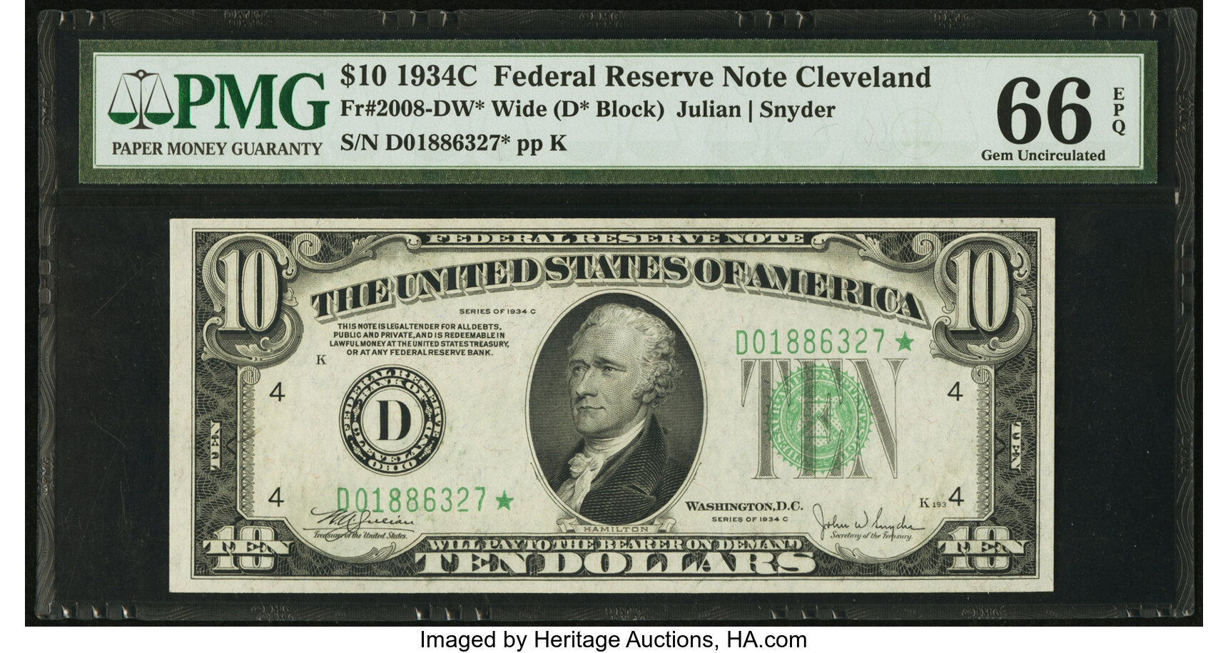 image for: Fr. 2008-D* $10 1934C Federal Reserve Star Note. PMG Gem Uncirculated 66 EPQ....