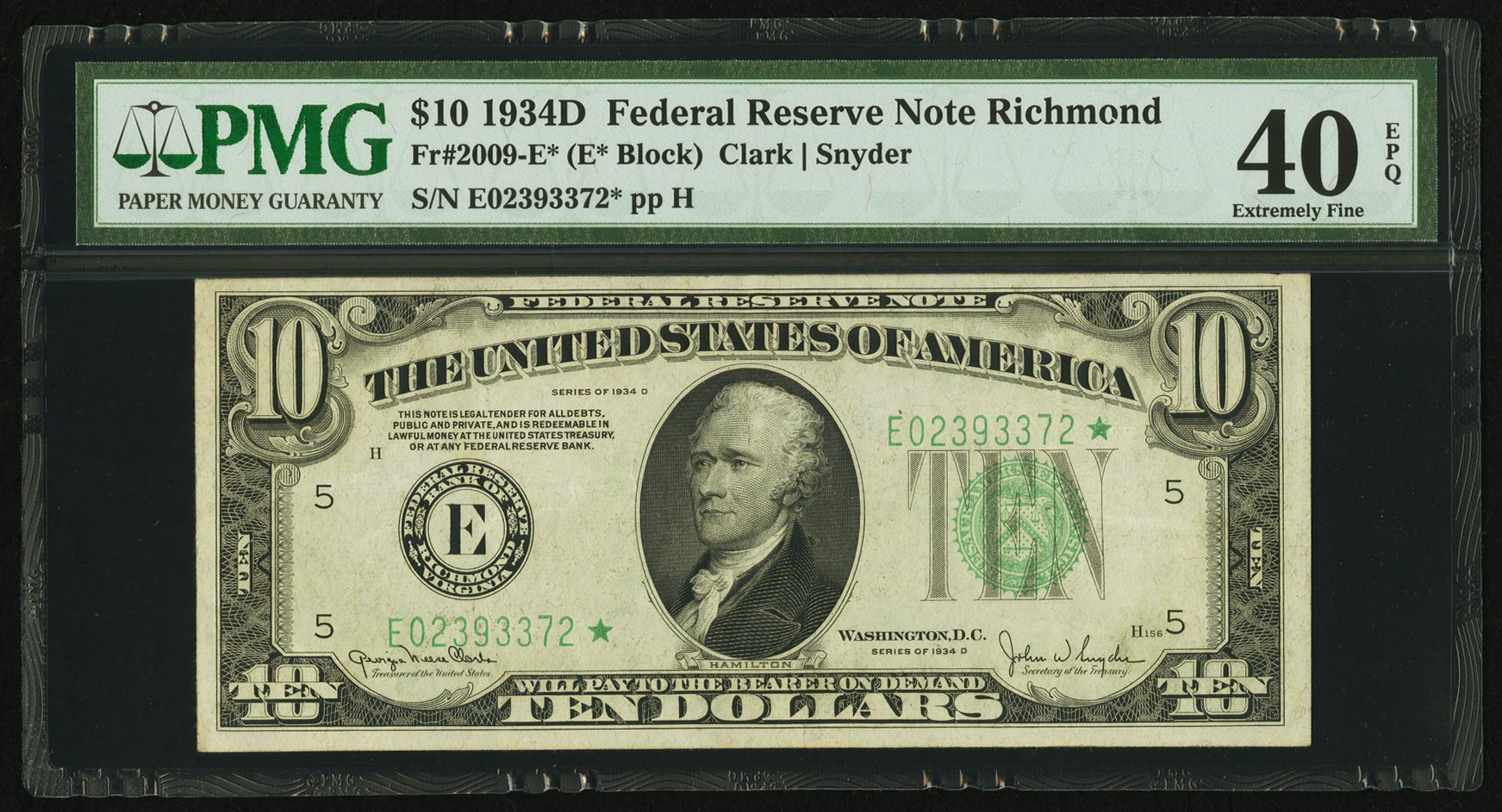 image for: Fr. 2009-E* $10 1934D Federal Reserve Star Note. PMG Extremely Fine 40 EPQ....