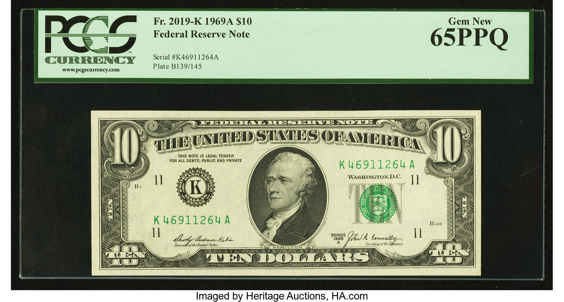 image for: Fr. 2019-K $10 1969A Federal Reserve Note. PCGS Gem New 65PPQ....