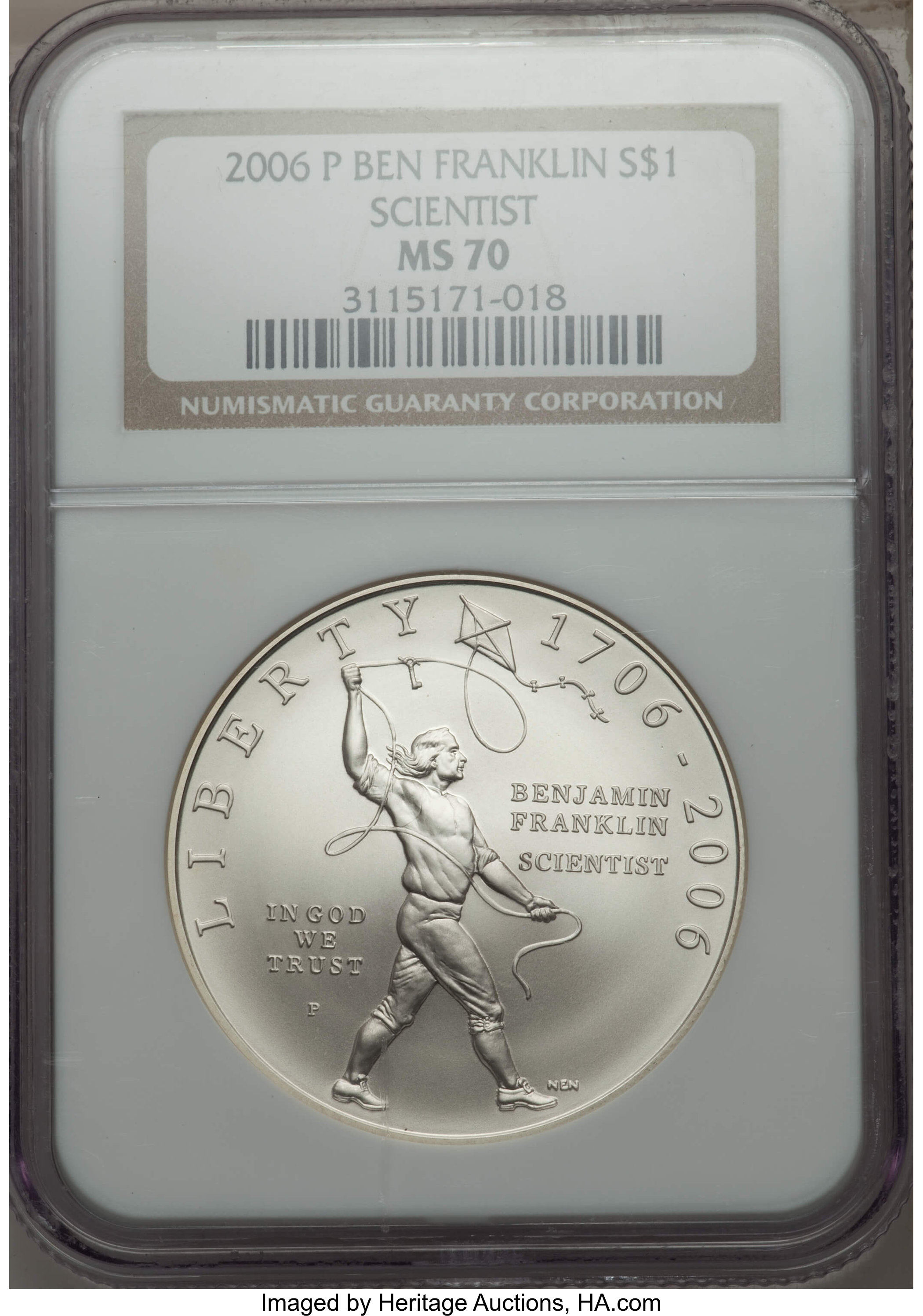 2006-P $1 Franklin-Scientist MS70 NGC. NGC Census: (5408). PCGS Population (547). Numismedia Wsl. Price for problem free N...