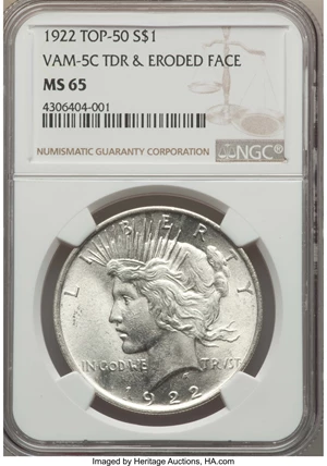 image for: 1922 $1 Tripled Leaves & Eroded Face, VAM-5C, MS65 NGC. TOP-50. NGC Census: (15034/1477). PCGS Population (6828/870). Minta...