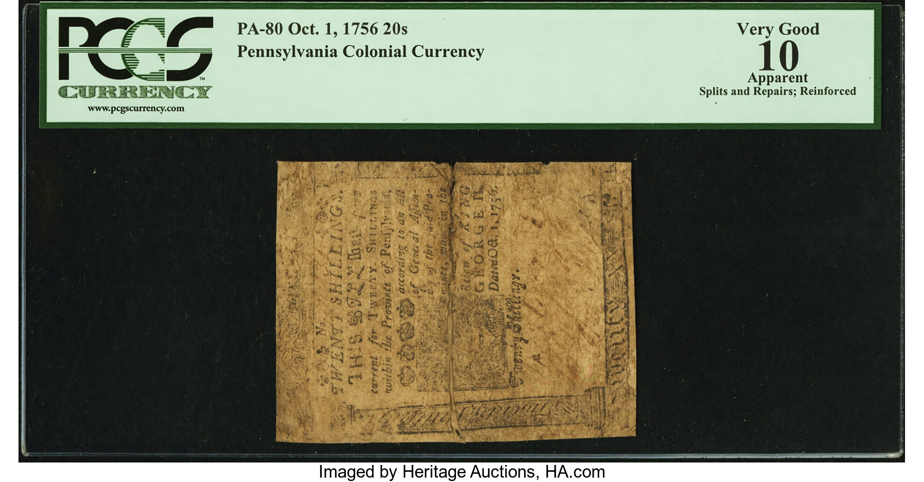 image for: Pennsylvania October 1, 1756 20s PCGS Apparent Very Good 10....