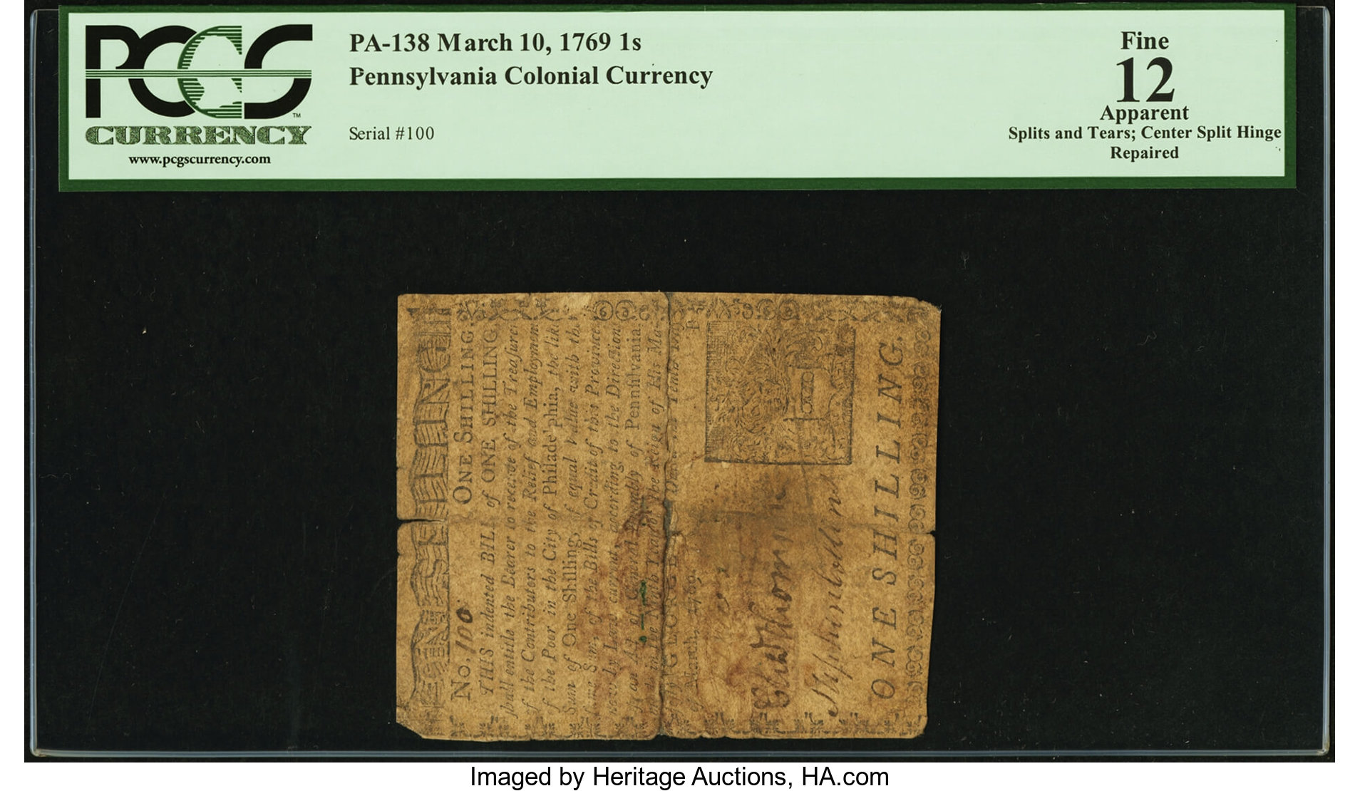image for: Pennsylvania March 10, 1769 1s PCGS Apparent Fine 12....