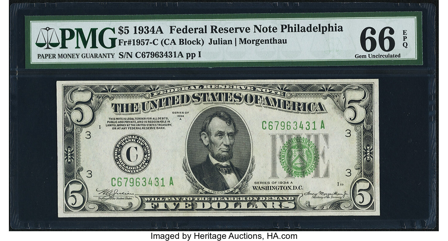 image for: Fr. 1957-C $5 1934A Federal Reserve Note. PMG Gem Uncirculated 66 EPQ....