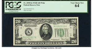image for: Fr. 2058-K $20 1934D Wide Federal Reserve Note. PCGS Very Choice New 64....
