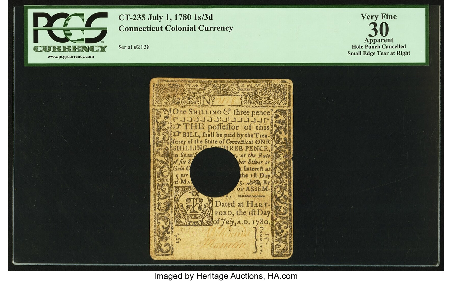 image for: Connecticut July 1, 1780 1s 3d PCGS Apparent Very Fine 30....