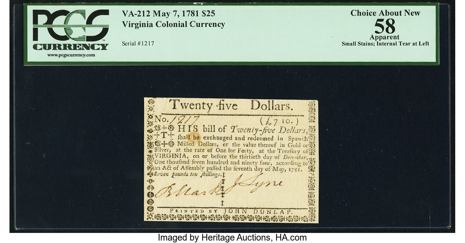 image for: Virginia May 7, 1781 $25 PCGS Apparent Choice About New 58....