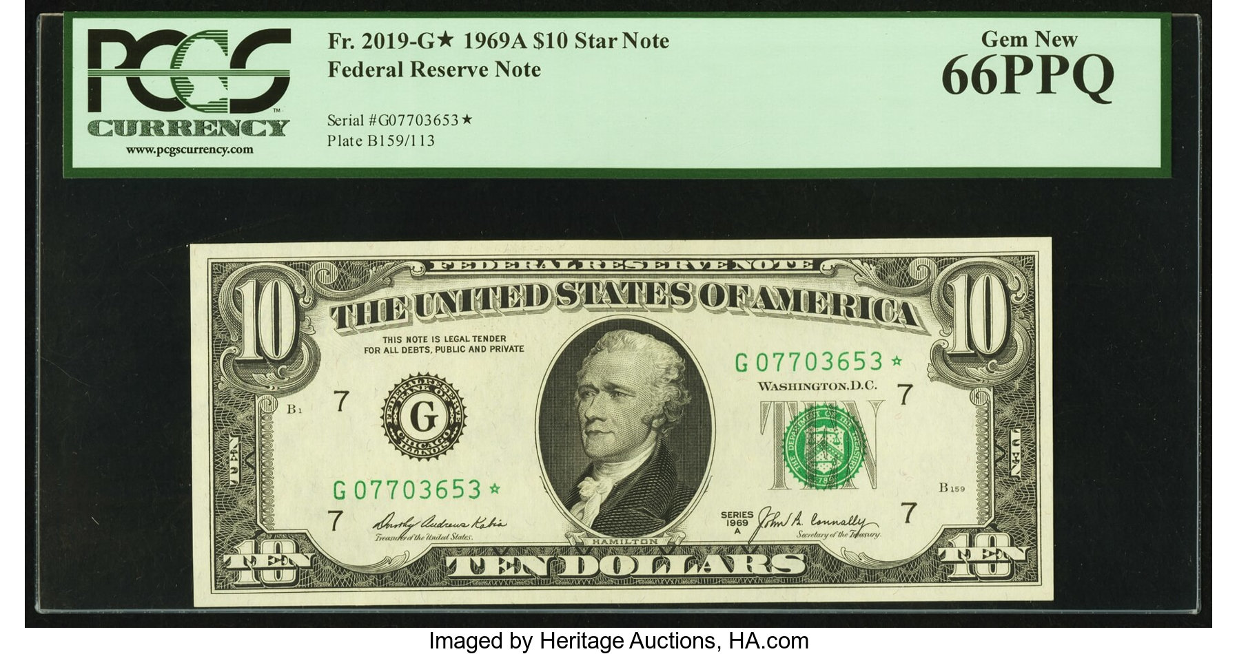 image for: Fr. 2019-G* $10 1969A Federal Reserve Star Note. PCGS Gem New 66PPQ....