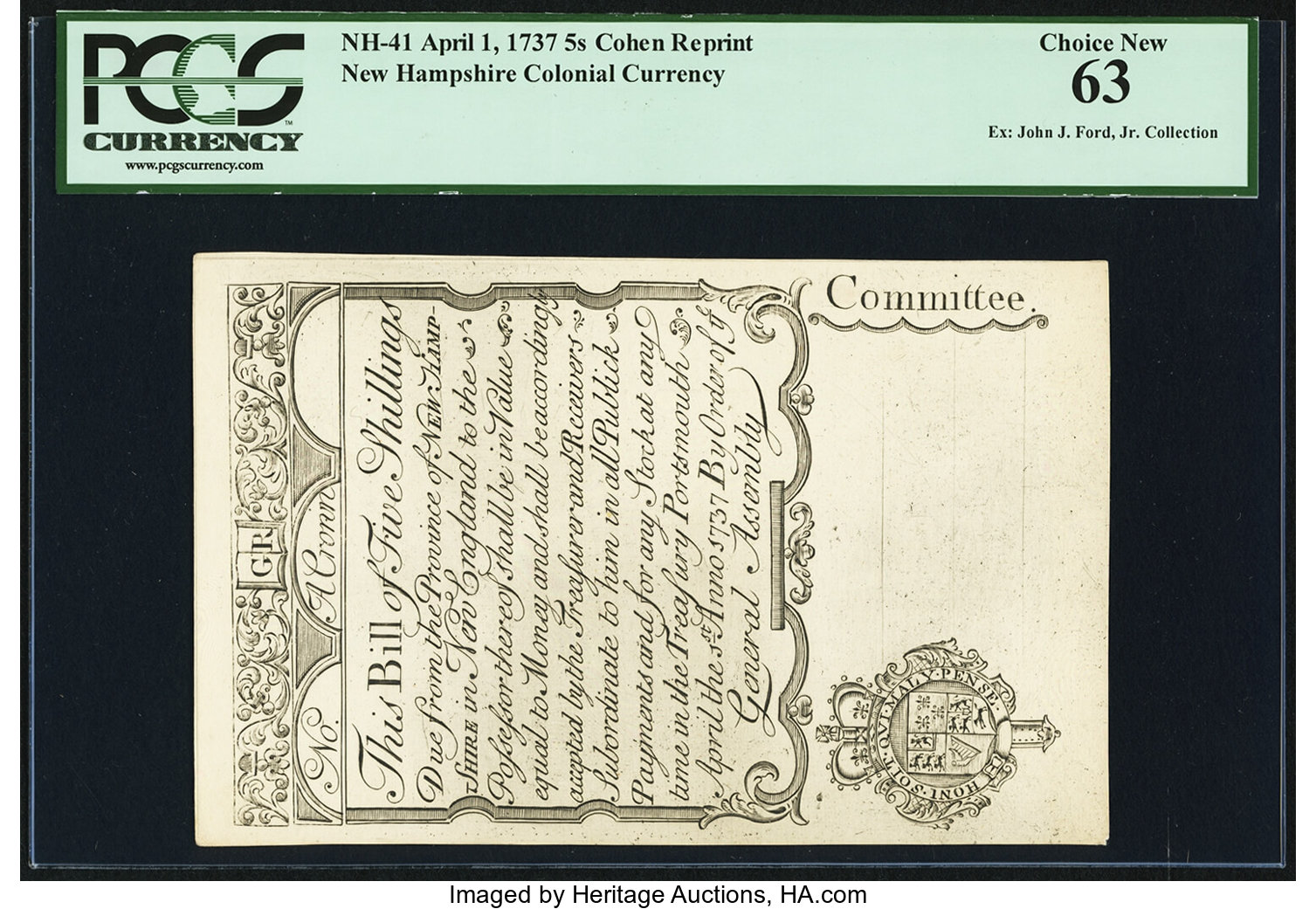 image for: New Hampshire April 1, 1737 5s Cohen Reprint PCGS Choice New 63....