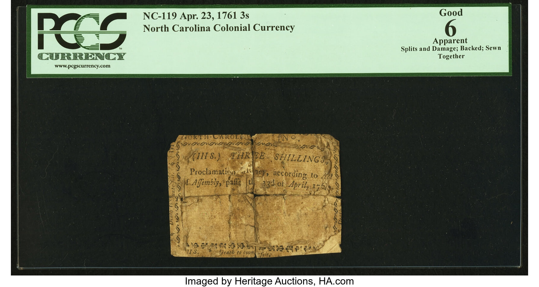 image for: North Carolina April 23, 1761 3s PCGS Apparent Good 06....