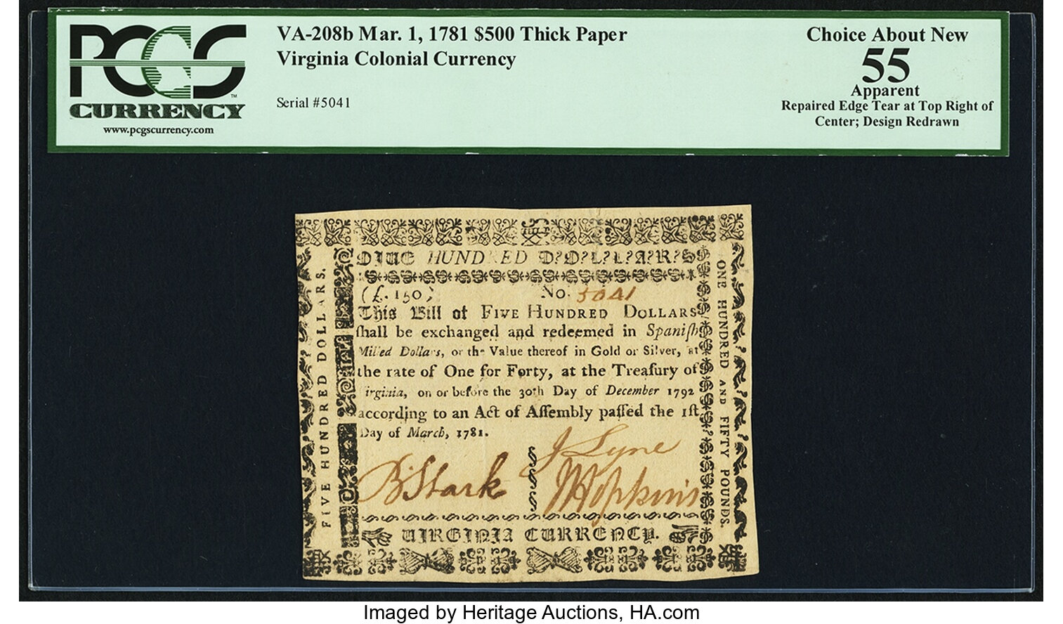 image for: Virginia March 1, 1781 $500 printed on thick laid paper PCGS Apparent Choice About New 55....