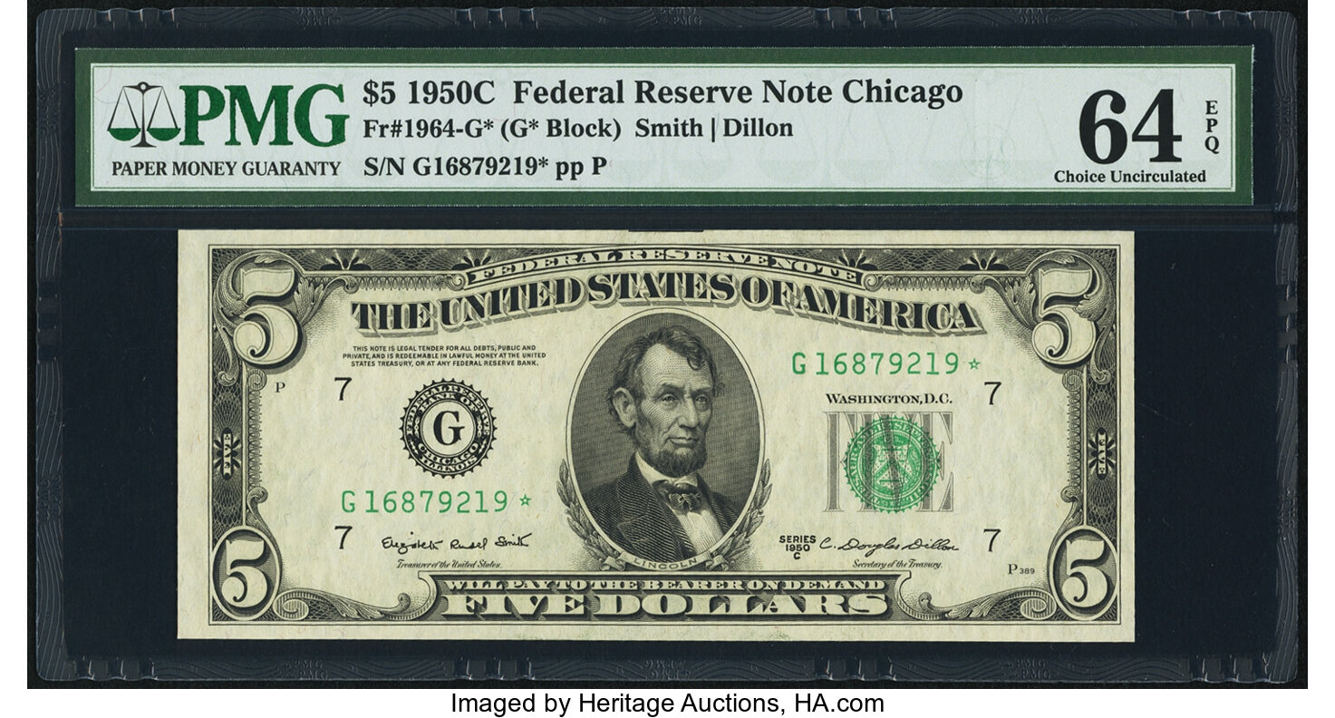 image for: Fr. 1964-G* $5 1950C Federal Reserve Star Note. PMG Choice Uncirculated 64 EPQ....